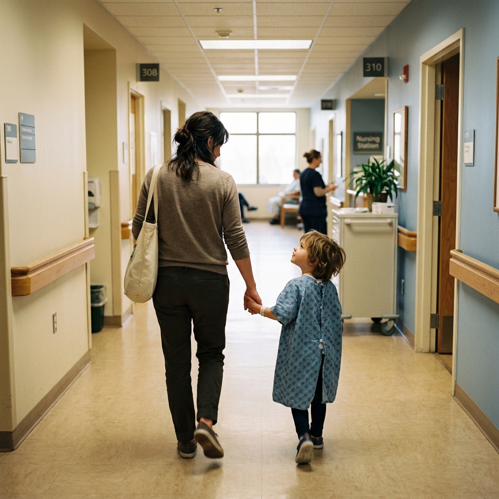A parent walks a hospital corridor holding their child's hand — the daily reality for rare disease families